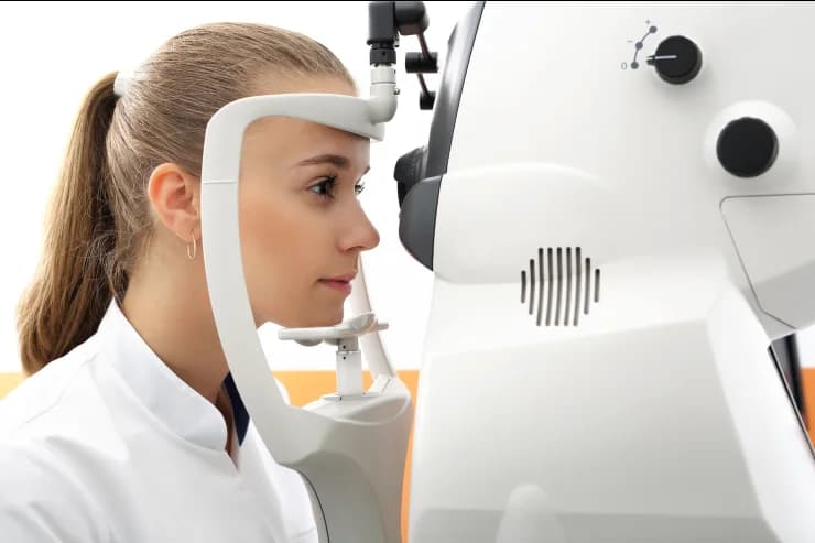 Servicio de examen visual profesional y salud ocular. Paciente durante una prueba de optometría con aparatología moderna.